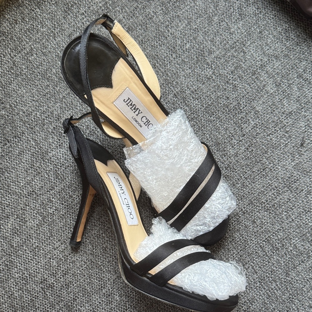 Jimmy Choo Black Satin Open-Toe Slingback Stiletto Heels